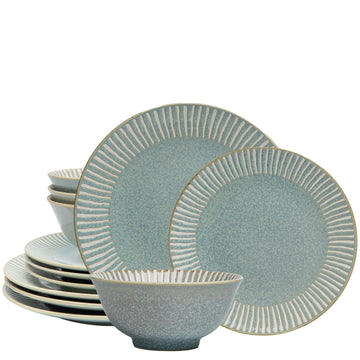 12-Piece Reactive Blue Ceramic Dinnerware Set Bali Breeze Blue Elegant Table Setting for Every Occasion - Microwave &