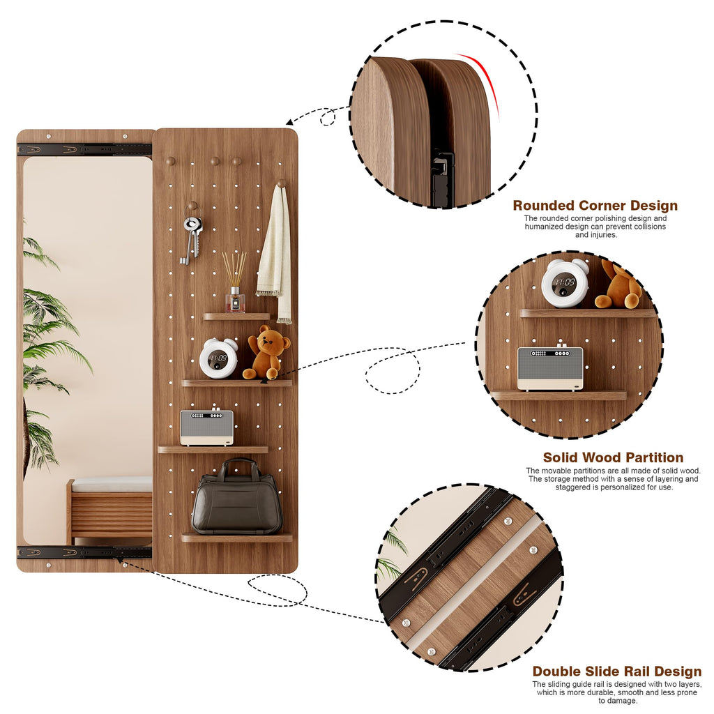 Wood Pegboard with Full Length Mirror Wall Mounted, Entryway Hanging Sliding Mirror with Adjustable Hooks and Shelf