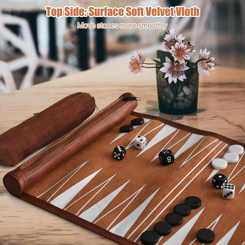 Chess, Checkers, and Backgammon Set 3 in 1 - Roll-up Leather Board Games, Portable and Lightweight with Drawstring