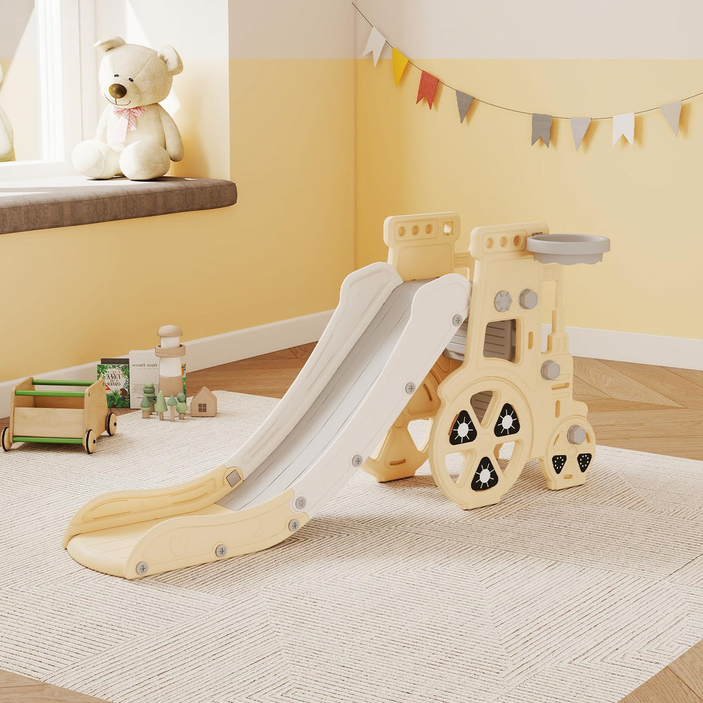 4-in-1 Toddler Slide Playset - Indoor/Outdoor Slide, Basketball Hoop & Climber, Safe Enclosed Steps & Anti-Slip