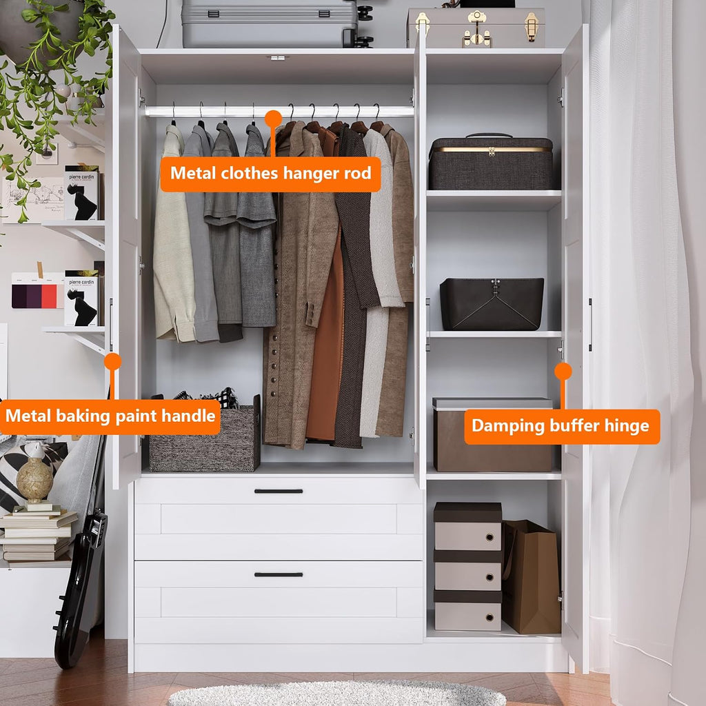 3 Doors Wooden Wardrobe Closet Armoire, White Storage Cabinet for Hanging Clothes, Bedroom Large Capacity