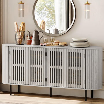 Fluted Sideboard Buffet Cabinet, 65" Mid Century Modern Credenza Storage Cabinet with 4 Pop-Up Doors, Wood Accent