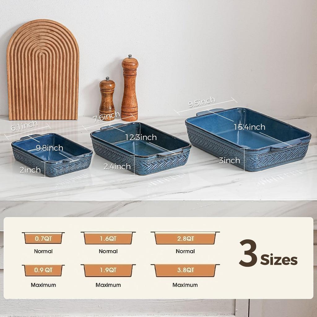 Casserole Dishes for Oven, Blue Ceramic Baking Dish Set of 3