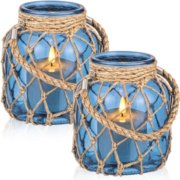 2 Set Nautical Lanterns Rope Handle, Coastal Glass Jar, Navy Blue