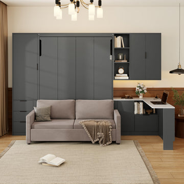 Queen Size Murphy Bed with Hydraulic Lift, Foldable Wall Bed with Sofa, Storage Shelves, USB Charging & LED Lighting
