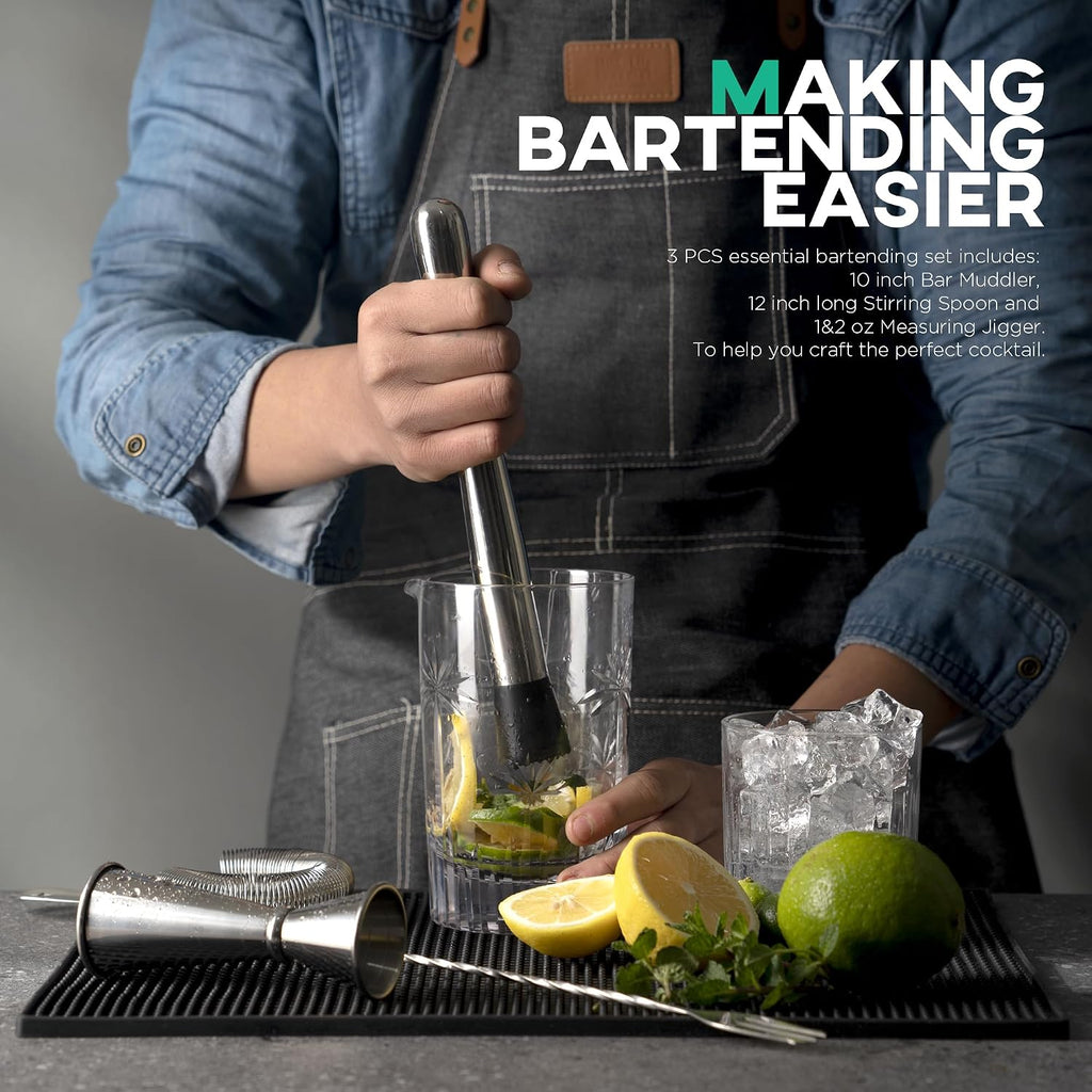 Muddler for Cocktails Set, 12'' Mixing Spoon & Double Jigger - Set of 3