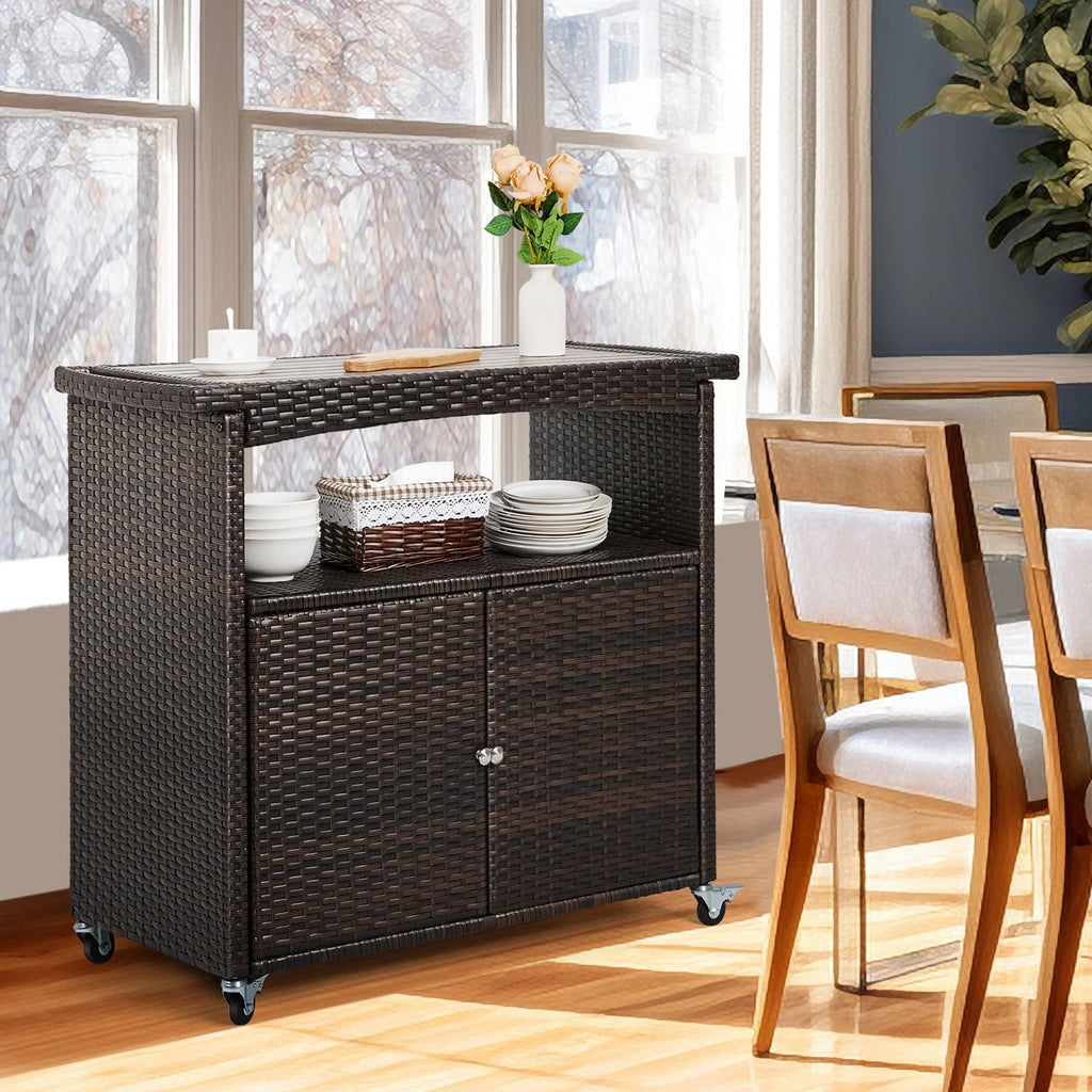 Outdoor Bar Cart with Storage Cabinet Patio Wicker Sideboard Buffet Cabinet Prep Table Outside Kitchen Serving Cart