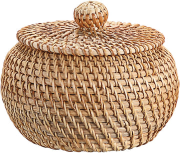 Round Rattan Basket Box with Lid Wicker Storage Baskets Bin, X-Small