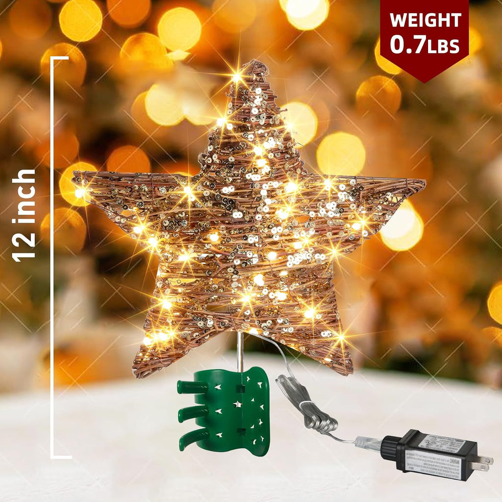 14" 40 LED Christmas Rattan Tree Topper Lighted Star Topper