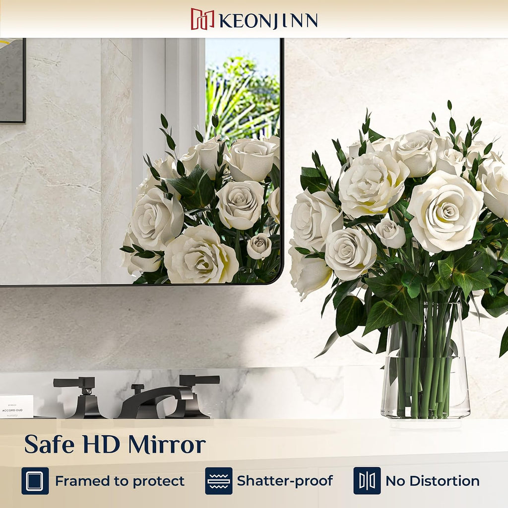 20"x32" Recessed Medicine Cabinet with Mirror, Black Framed | Stepless Adjustable Shelves, Surface Mount/in Wall