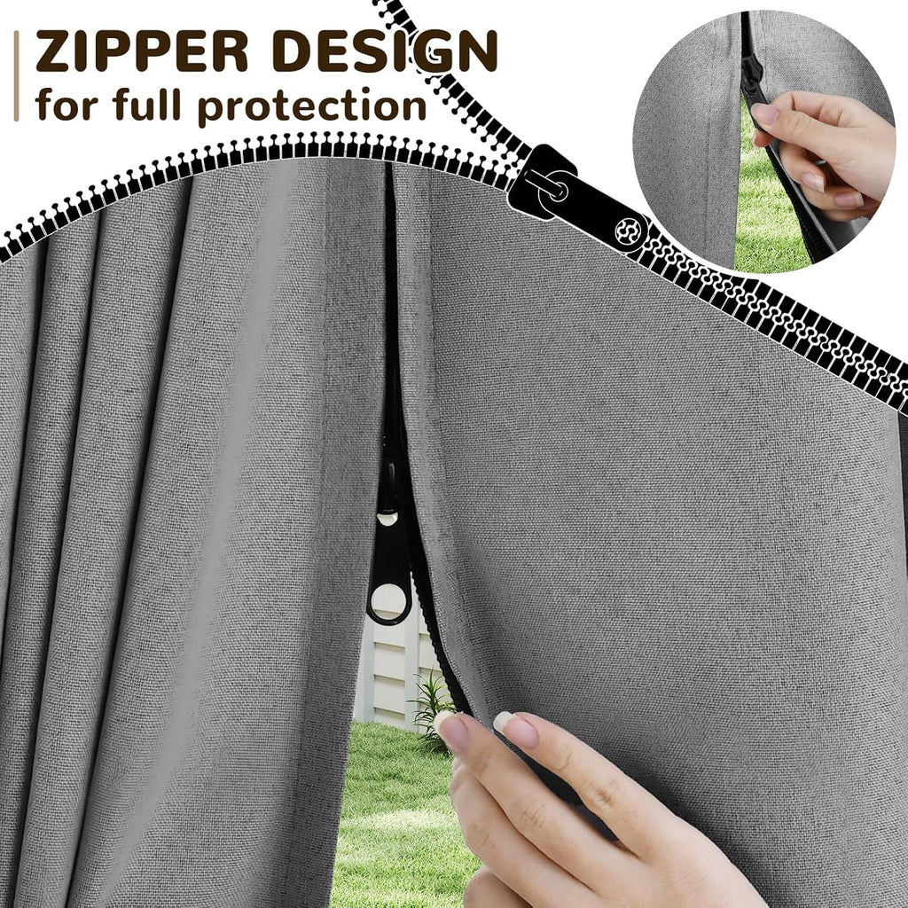 Linen Outdoor Curtains Waterproof with Zipper Blackout Curtains 2 Panels Top & Bottom Grommet Patio Outdoor Privacy