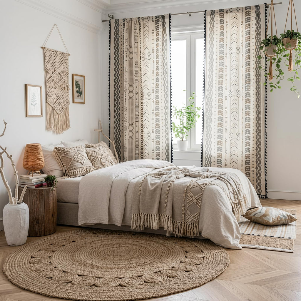 Boho Curtains Patterned Black and White 95 Inches Semi-Blackout Light Filtering Long Window Curtains 2 Panels Cotton