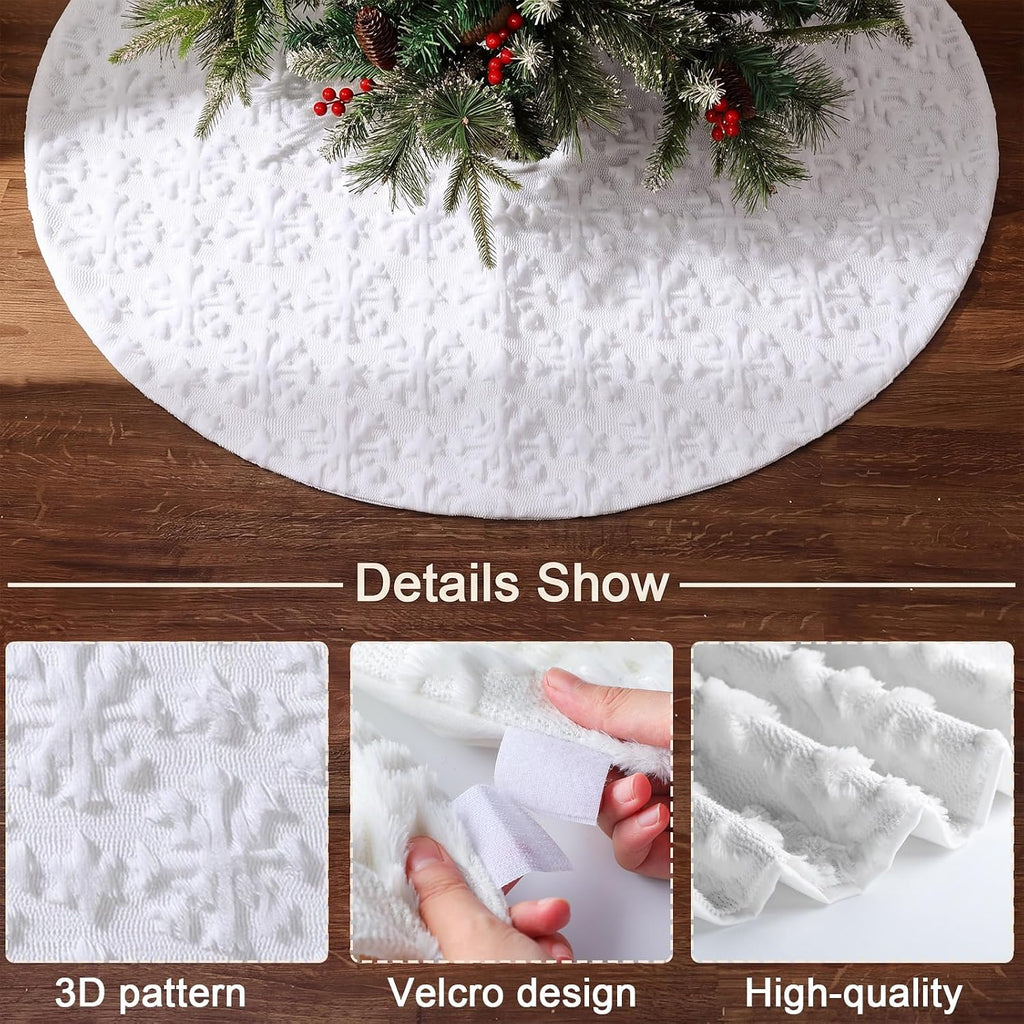 48 in 3D White Christmas Tree Skirt, Large Faux Fur Snowflakes Mat