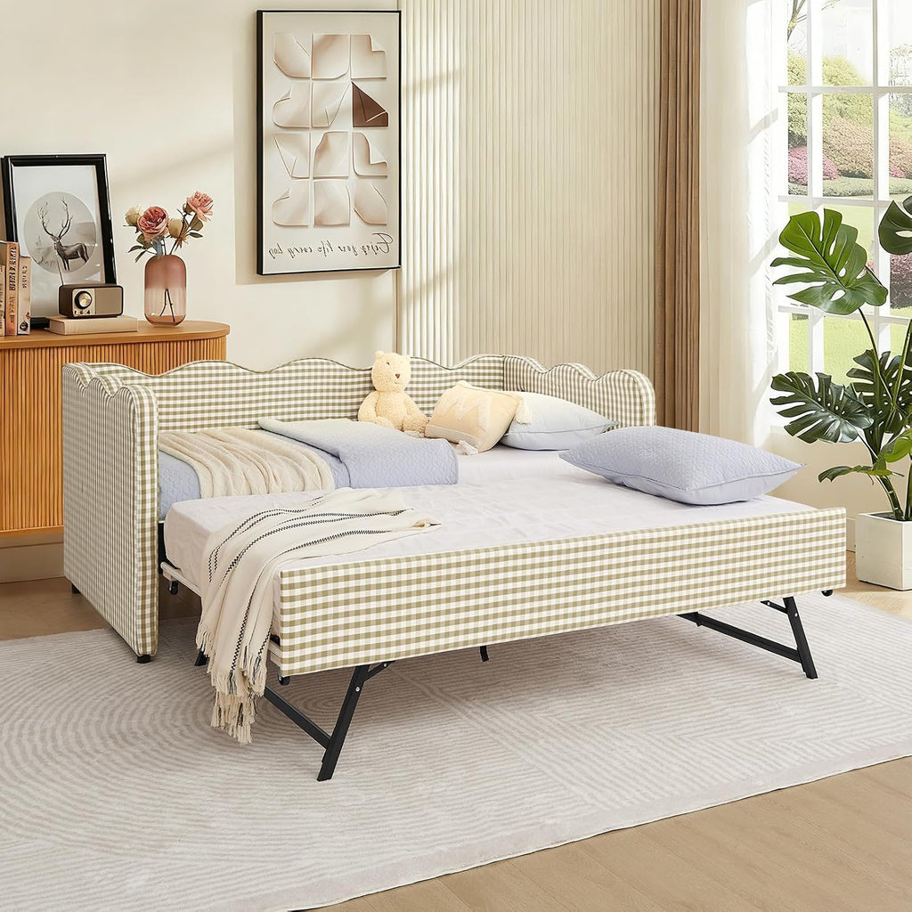 Twin Size Gingham Daybed with Trundle, Upholstered Linen Day Bed Frame with USB Ports & Wave-Shaped Backrest, Modern