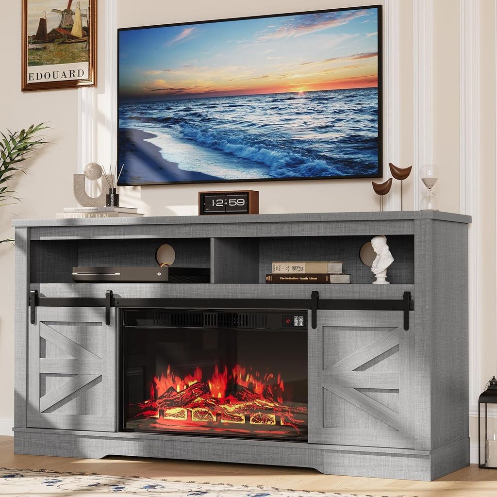 Farmhouse Fireplace TV Stand for Television up to 65+ Inch, Gray | TV Console with Storage and Sliding Barn Doors