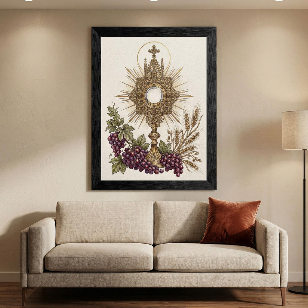 Framed Religious Wall Art - Sacred Monstrance and Eucharist with Grapes and Wheat - Devotional Catholic Decor in