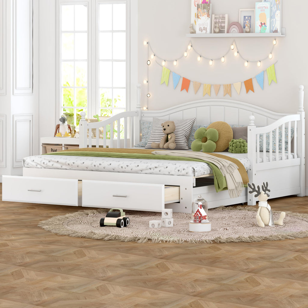 Multifunctional Extending Day Bed with Trundle & Drawers Twin to King Wood Sofa Bed with Headboard No Box Spring