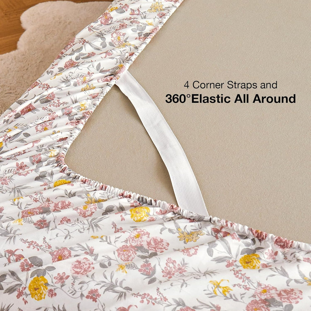 Floral King Sheet Set - 4 Piece Vintage Pink & Yellow Flower Patterned Bed Sheets - Soft, Breathable Microfiber