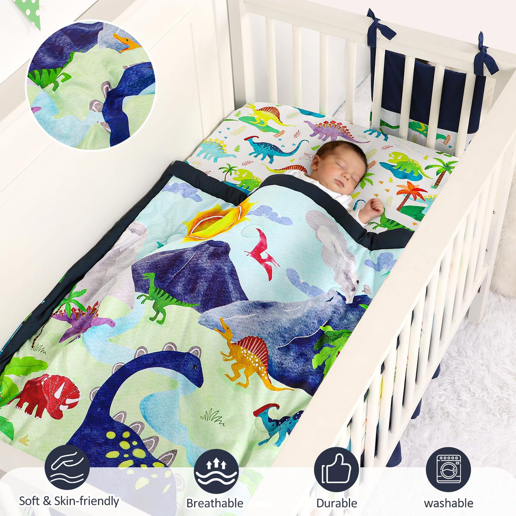 Crib Bedding Set for Baby Girls and Boys, 4 Piece Infant Nursery Bedding Sets, Baby Comforter Set for Crib, Dinosaur