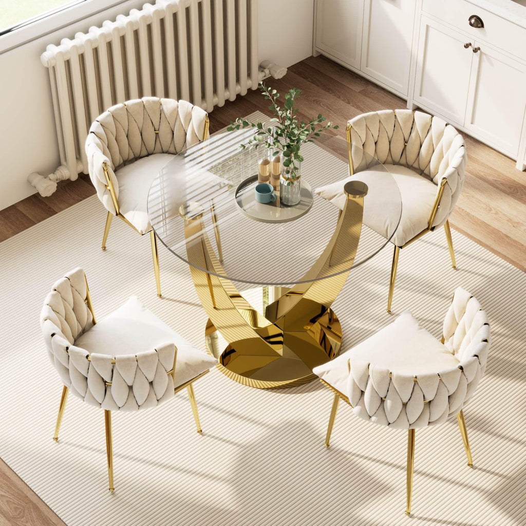 38.9" Modern Round Glass Dining Table for 2-4 People, Gold Base