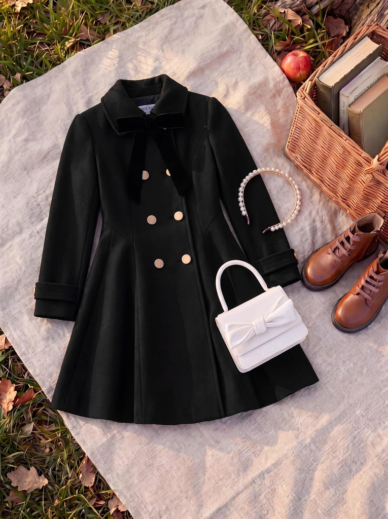Girls Dress Coat Fall Winter Double Breasted Peacoat Bow Pocket
