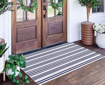 Blue and White Outdoor Rug 24"x51"Washable Woven Striped Front Porch Rug