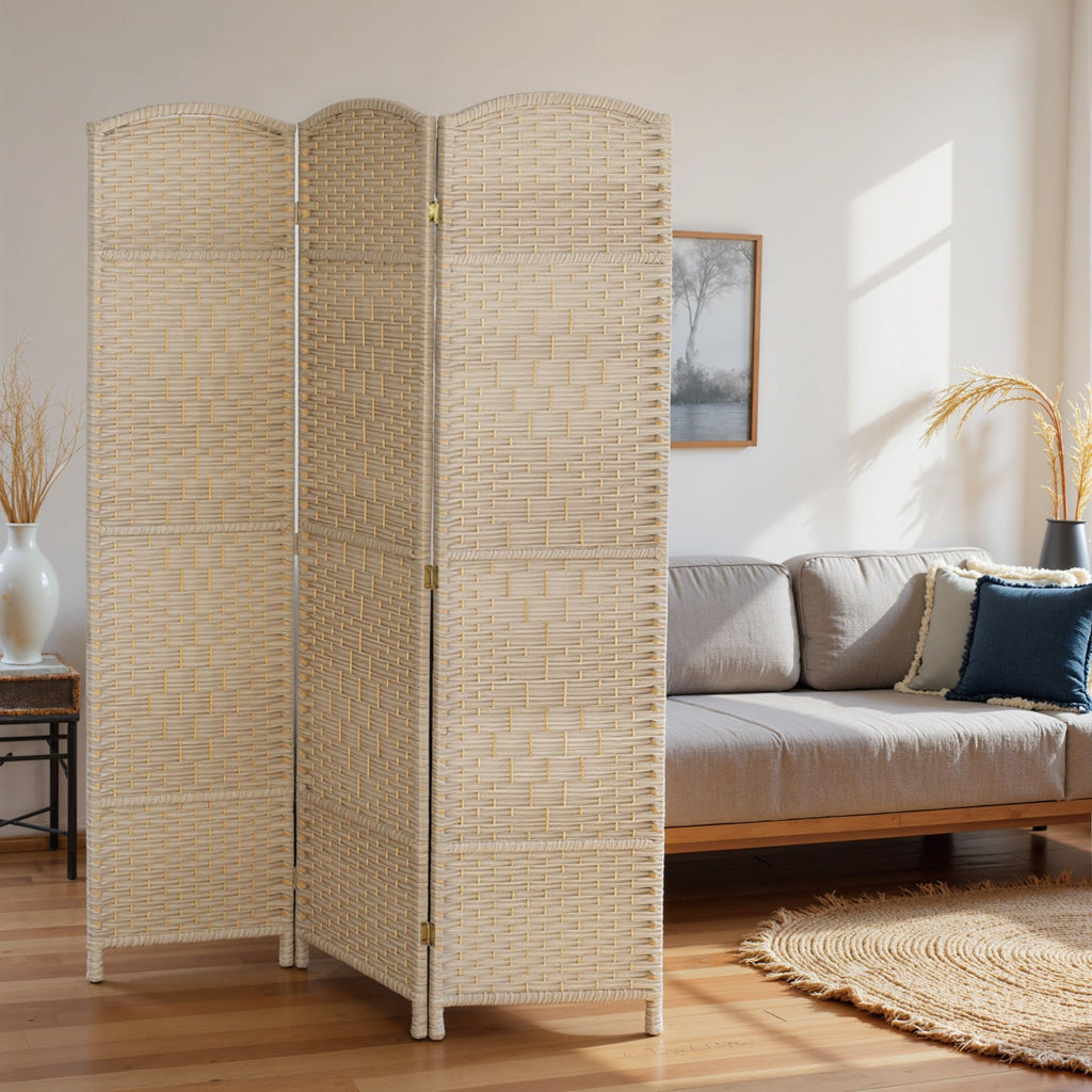 3 Panel Room Divider 6 Ft Privacy Screen Hand-Woven Washed Oak