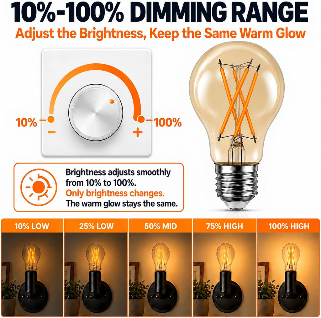 A19 LED Edison Bulbs, 12 Pack, 60W Equivalent, Dimmable, 2200K
