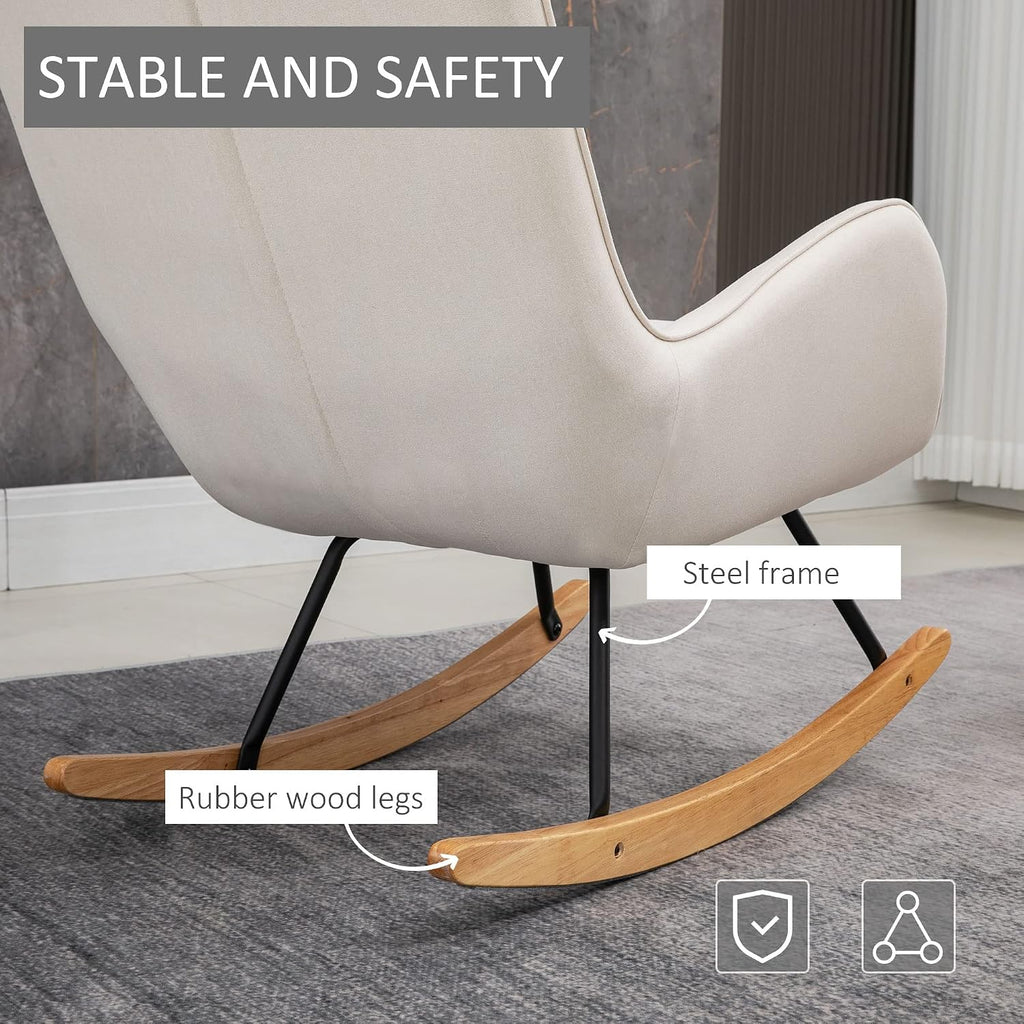 Fabric Rocking Chair, Mid-Century Wingback Accent Chair, Cream White | Armchair, Tufted, Rocker, Padded Seat, Rubber