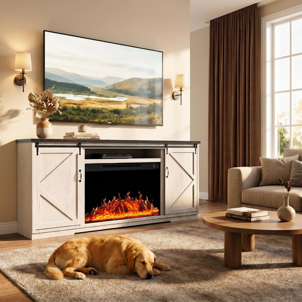 70'' Fireplace TV Stand for 85 Inch TV, 36" Tall Farmhouse Entertainment Center with Electric Fireplace, Rustic Media
