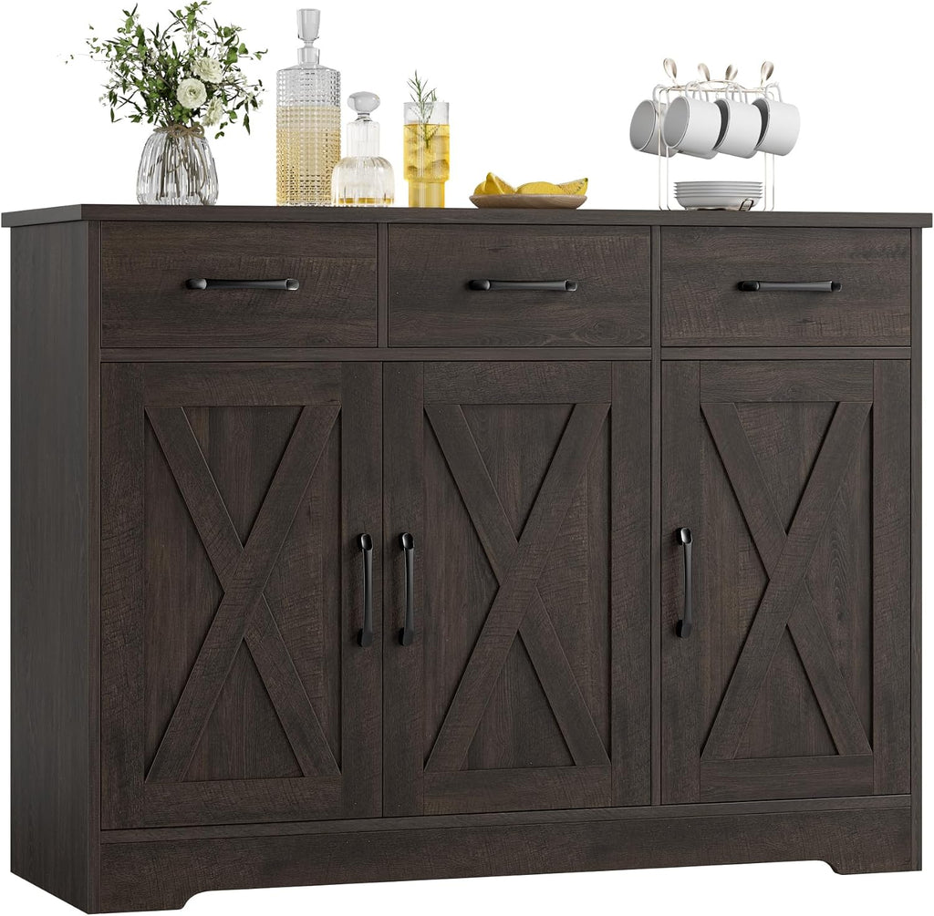 Kitchen Buffet Cabinet with Storage, Sideboard Coffee Bar, Brown | Farmhouse Kitchen Storage Cabinet with 3 Drawers &