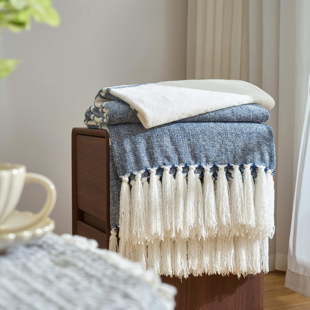 Chenille Throw Blanket with Knotted Tassels 50x60, Blue Stripe