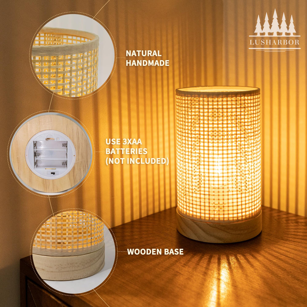 Rattan Lamp, Battery Operated Table Lamp with Timer Boho