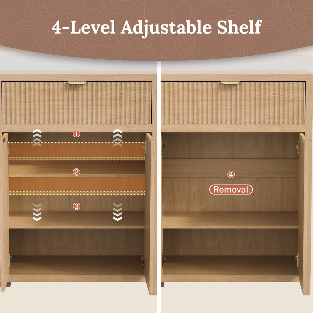 55" Fluted Sideboard Buffet Cabinet with Storage, Modern Credenza Oak