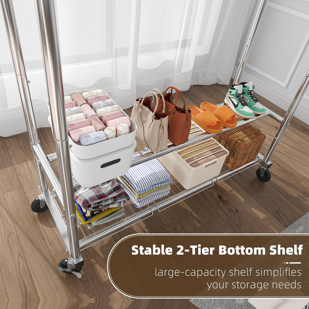 Trending Heavy Duty Clothing Clothes Rack for Hanging, Rolling Double Rod Garment Rack Organizer with Wheels Load 620