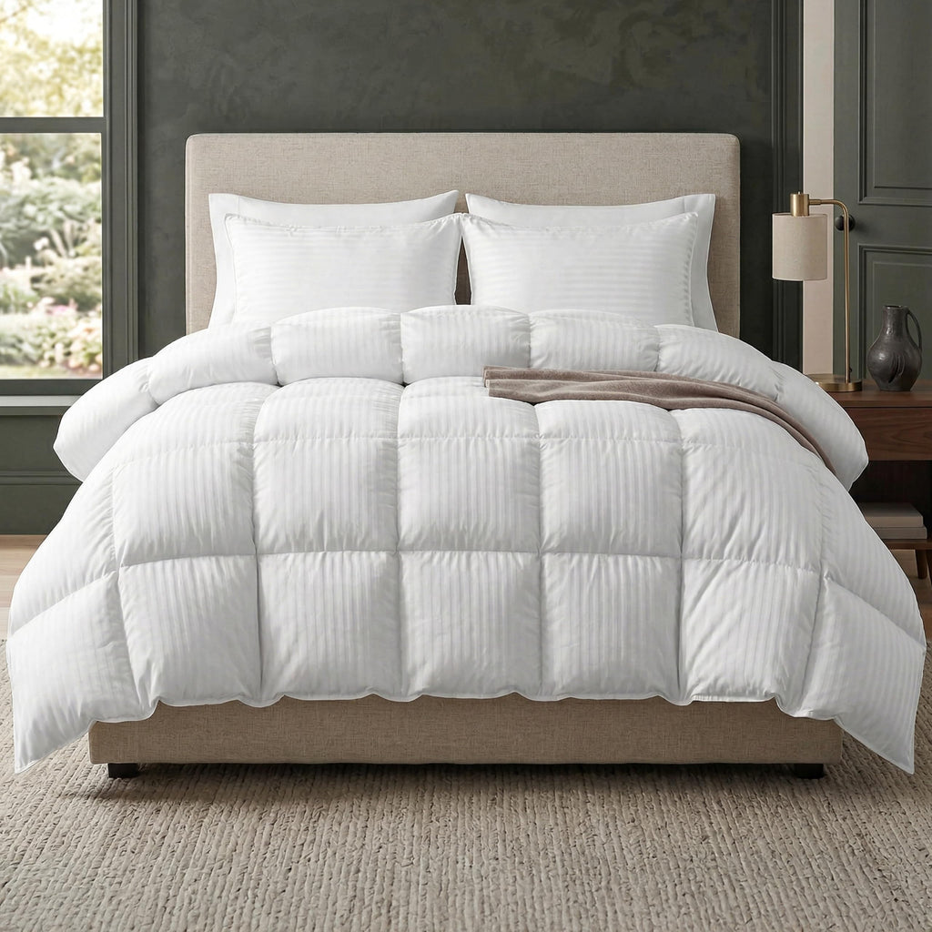 3-Piece Stripe Cotton Comforter Set - 100% Egyptian Cotton Premium Hotel Quality - Box Stitched, All Season Down
