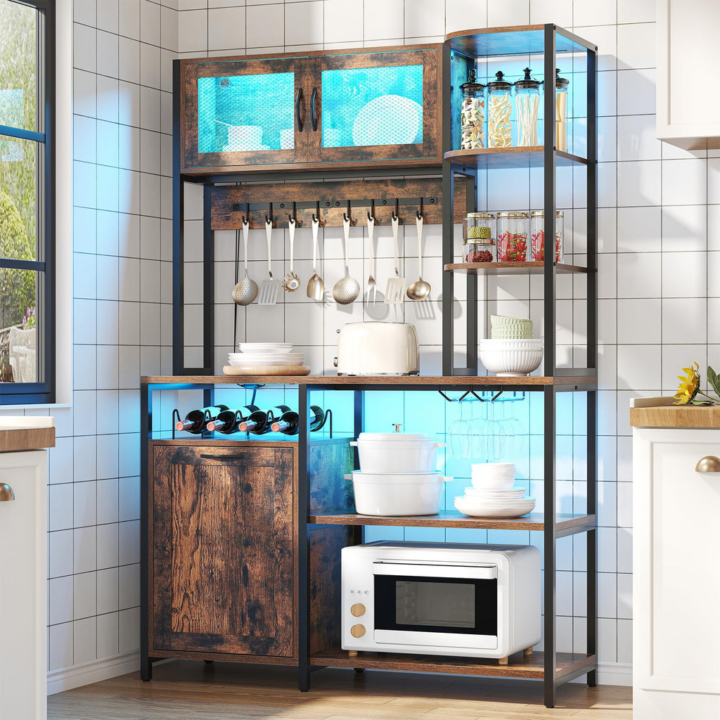 Bakers Rack with Power Outlet and LED Light, 42.5 inch Industrial Coffee Bar Cabinet with Trash Can Storage Bin