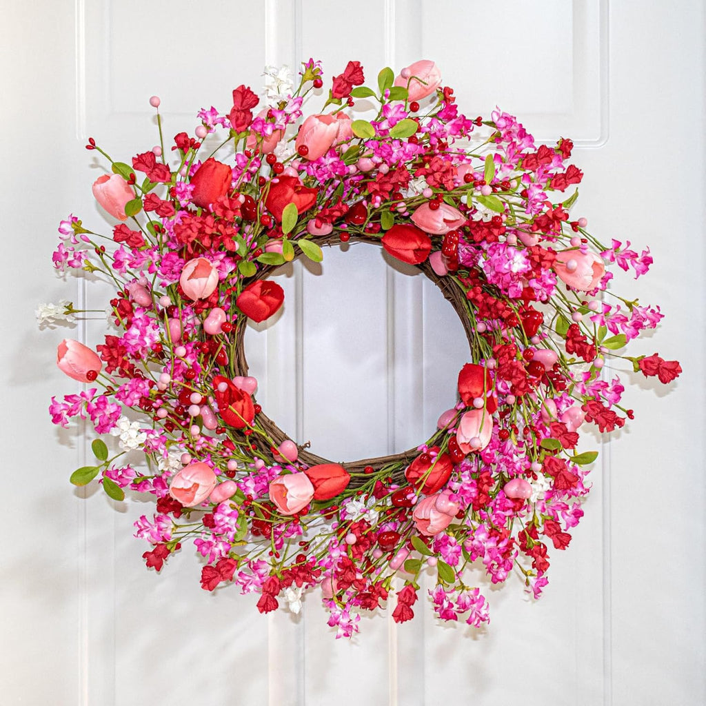 22 Inches Valentine Wreath Red Valentines Wreaths for Front Door Valentine's Day Flower Wreath with Tulips Heart