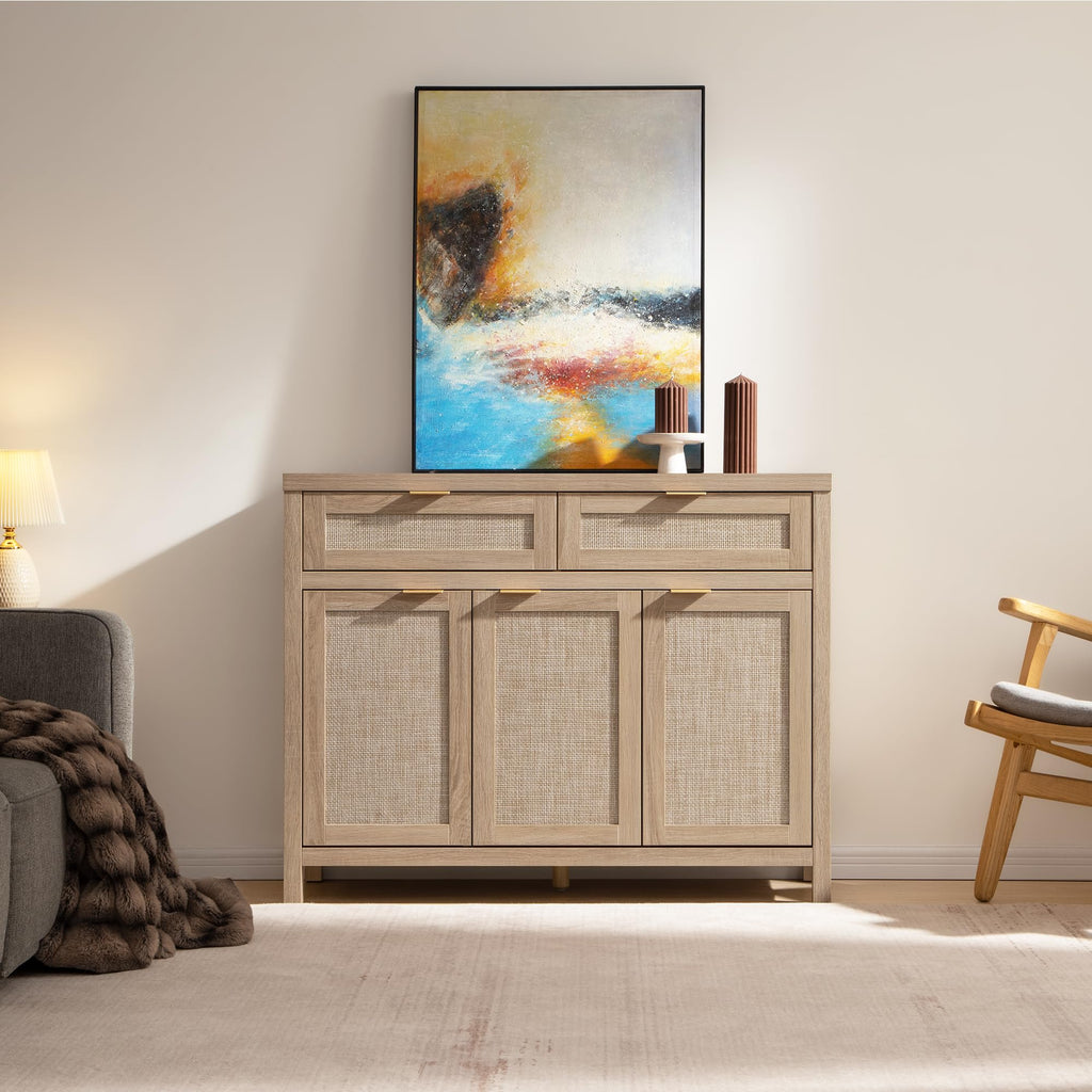 Rattan Sideboard Buffet Cabinet with Storage, Boho Credenza Accent