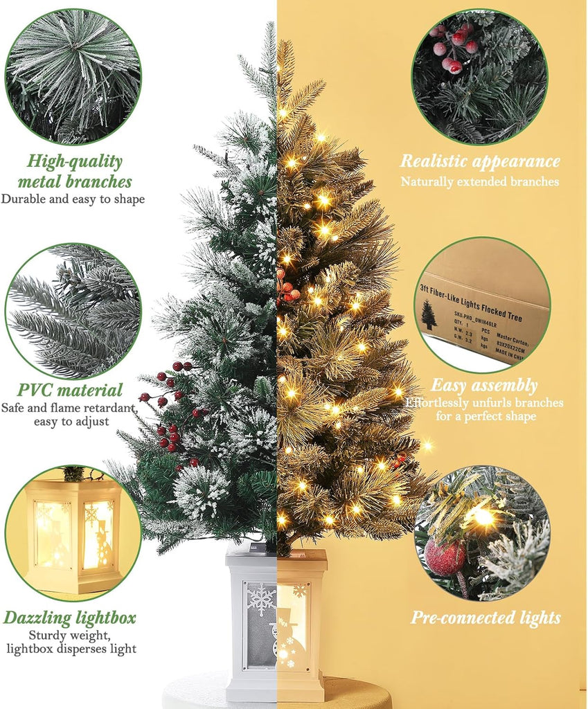 3ft Prelit Snow Flocked Christmas Tree with White Snowman Box Base