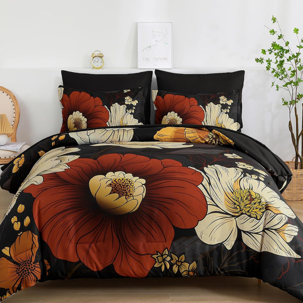 Xruibed Black Floral Comforter Set Queen 7 Pieces Bed in a Bag Flower Bedding Sets Lightweight Boho Bed Set with