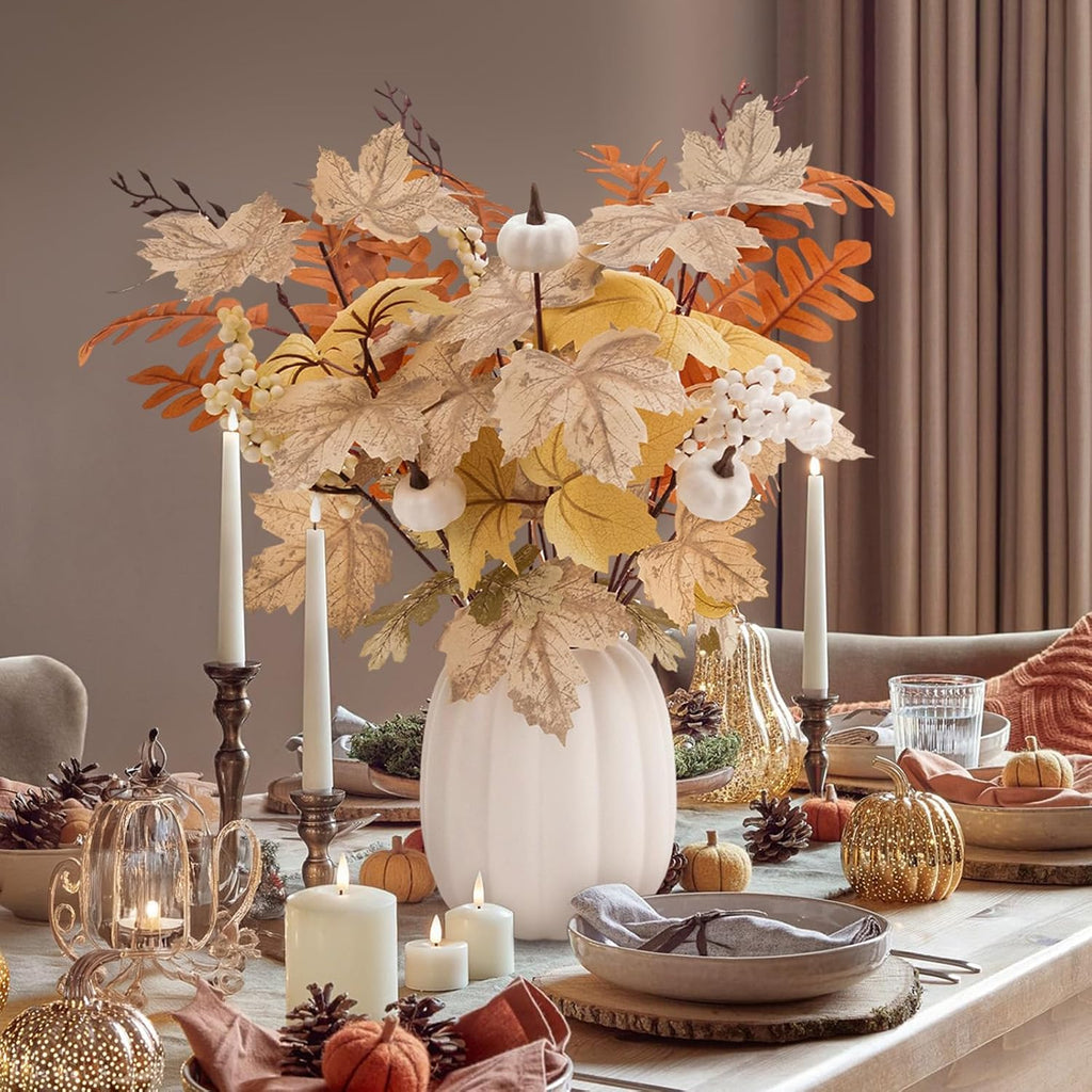 Fall Decor - Ceramic Pumpkin Vase with Autumn Maple Leaf Pumpkin Berry Stems - Table Centerpieces Thanksgiving - Set of 15