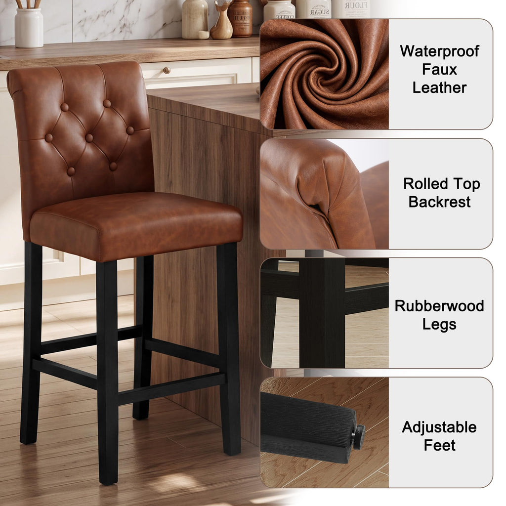 Counter Height Barstools Fabric Upholstered Counter Stool with Rubber Wood Legs Bar Chair Island (Brown, Set of 4)