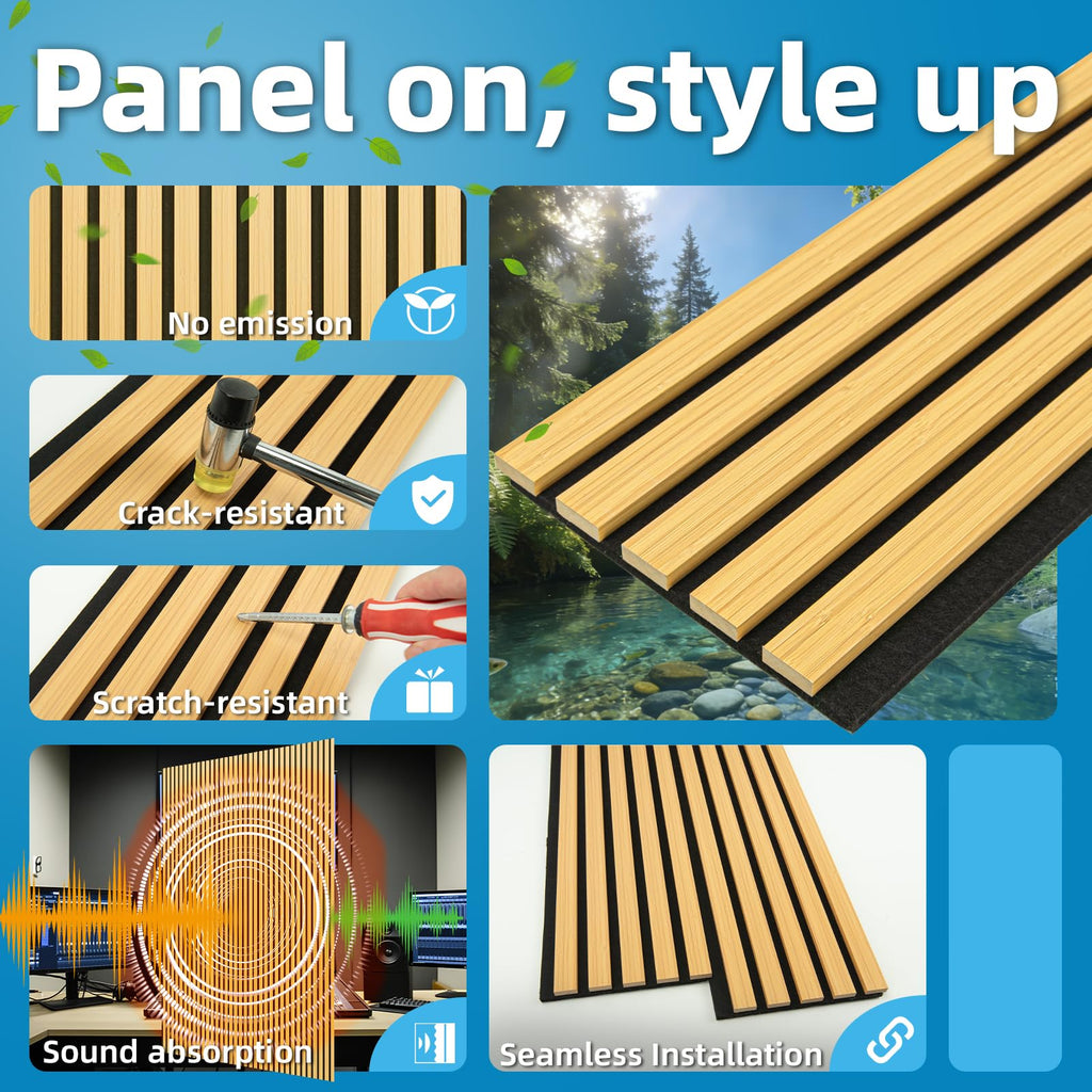6-Pack Soundproof Wood Slat Wall Panel, 94.5 x 7.9 in, Bamboo-Hued