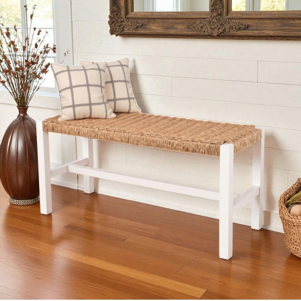 Newport Solid Wood Entryway Bench with Woven Rope Seat, White