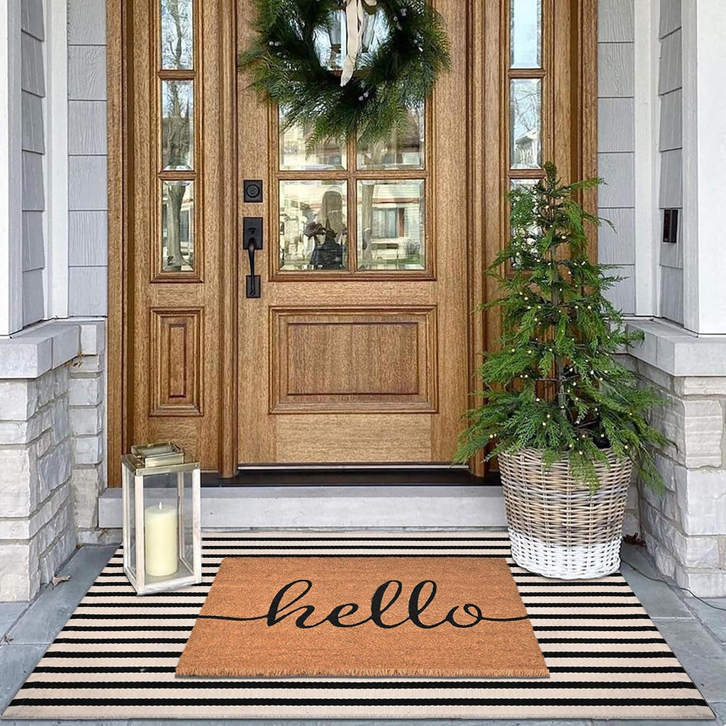 Front Door Mat Combo Set, Hello 100% Coco Coir Welcome Doormat + 28" x 43" Layered Buffalo Black and White Striped
