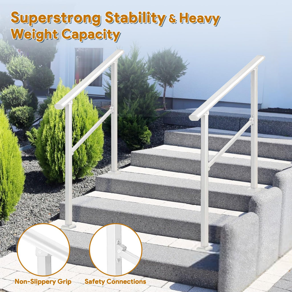 Handrails for Outdoor Steps, White Stair Railing Handrail Kits for Seniors for Concrete Steps Outside Metal Stair
