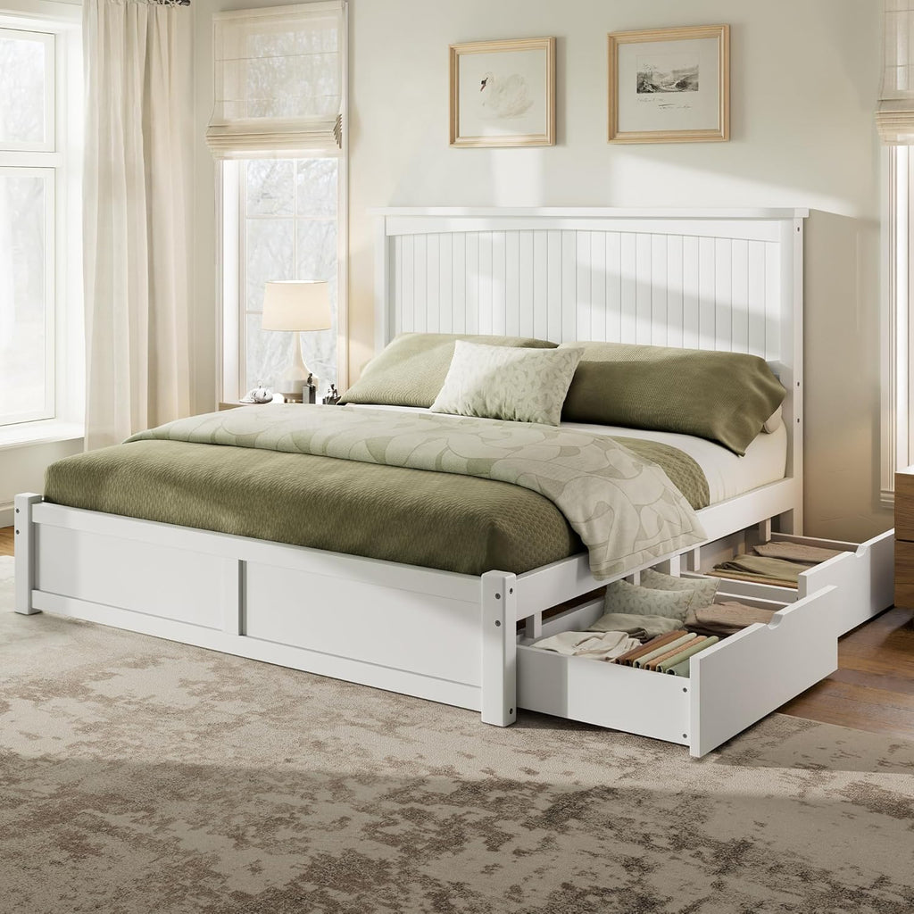 Solid Wood Full Storage Bed Frame with Headboard, Platform Bedframe with 2 Storage Drawers, Beadboard Design & Wooden