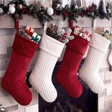 4 Christmas Stockings Set 19 Inch Velvet Quilted Stocking, Red,White