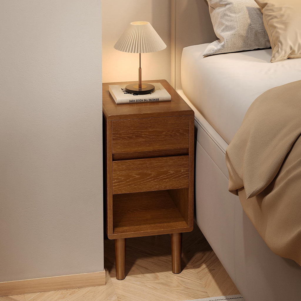 Narrow Nightstand 2 Drawers with Open Shelf Narrow Night Stand Solid Wood Bedside Table Mid Century Modern Nightstand